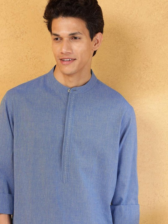 Thread Work Band Collar Cotton Straight Kurta