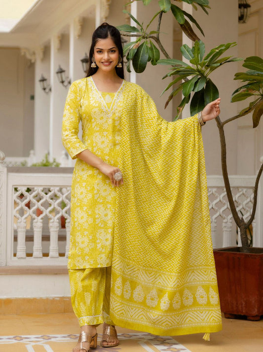 Floral Yoke Design Pure Cotton Straight Kurta with Patiala & Dupatta