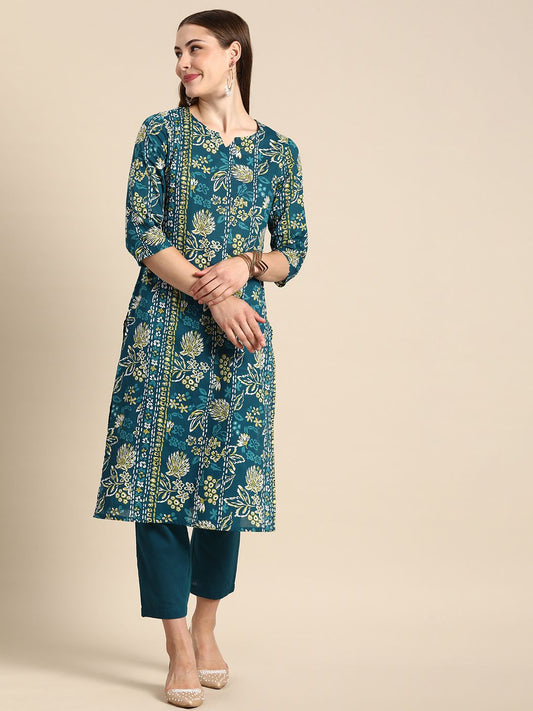 Women Floral Printed Pure Cotton Kurta with Trousers