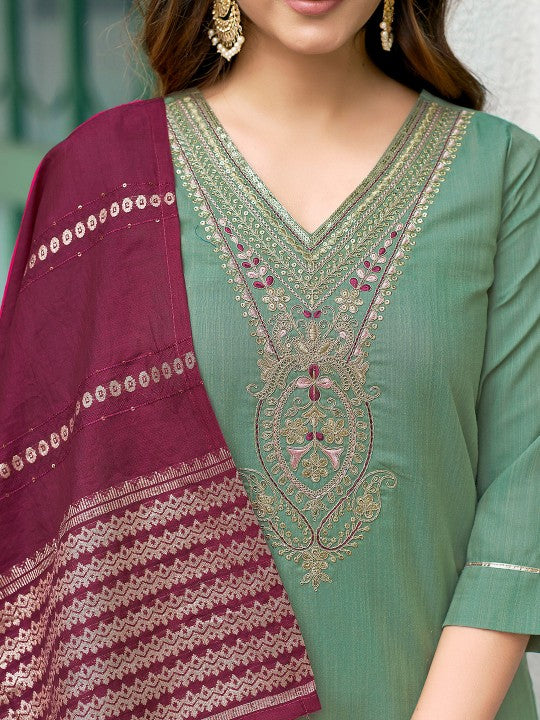 Women Embroidered Regular Sequinned Kurta with Trousers & Dupatta