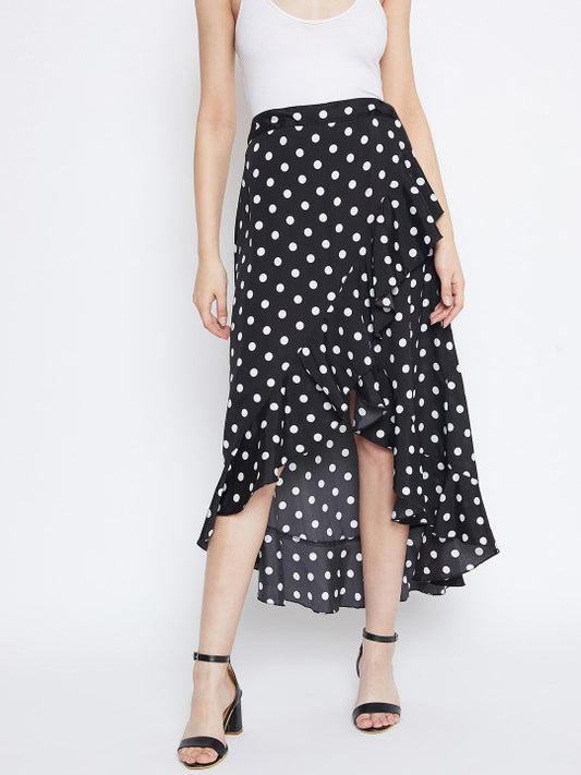 Black & White Polka Print Wrap Midi Skirt