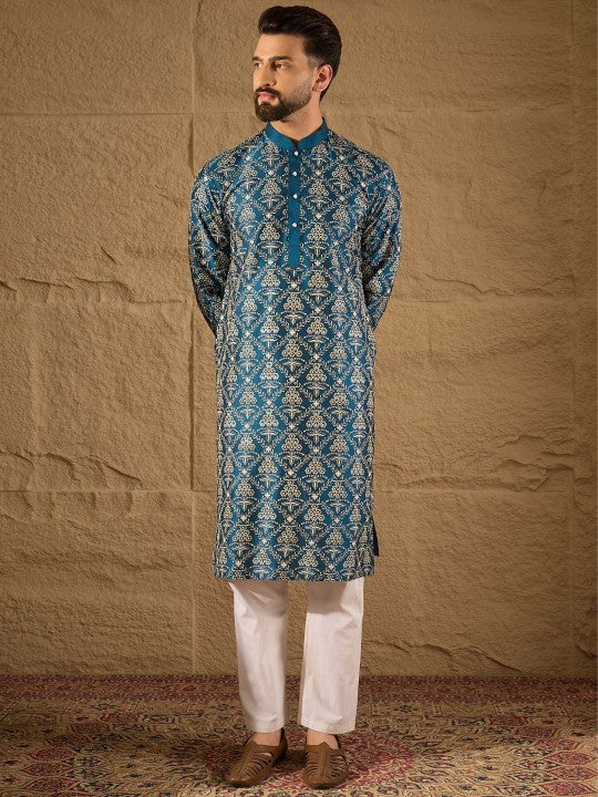 Floral Printed Mandarin Collar Silk Straight Kurta
