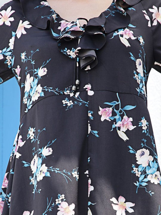 Floral Print Tie-Up Neck Fit & Flare Mini Dress