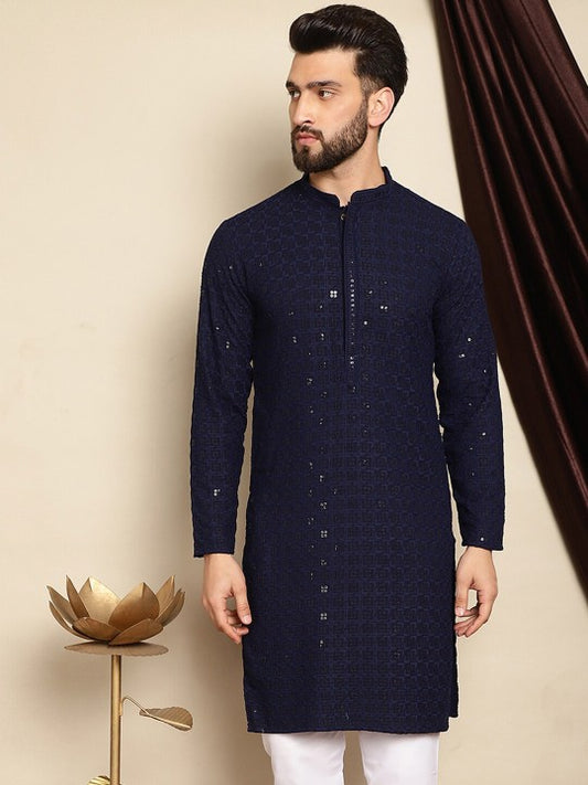 Navy Blue Ethnic Motifs Embroidered Sequinned Mandarin‑Collar Pure Cotton Kurta
