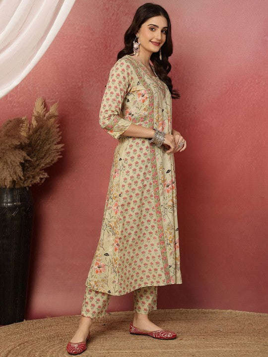 Women Floral Printed Regular Pure Cotton Kurta with Trousers & Dupatta