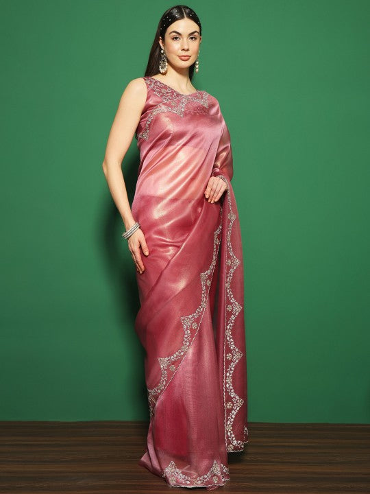Saree Mall Embellished Beads and Stones Organza Saree