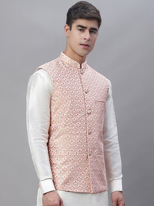 Men Woven Design Satin Nehru Jacket