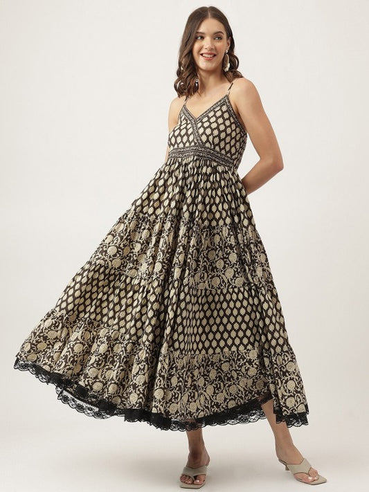 Floral Printed Shoulder Straps Cotton Tiered Fit & Flare Maxi Ethnic Dress