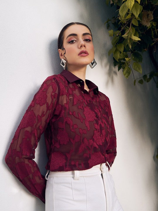 Maroon Self Design Spread Collar Casual Shirt