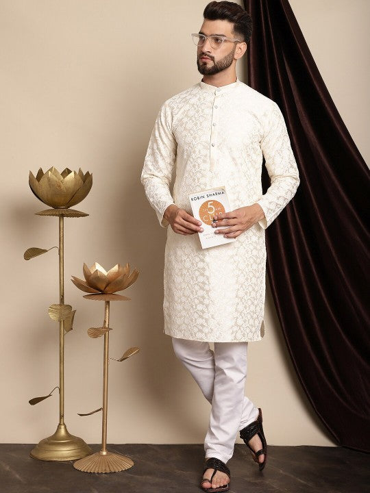 Floral Embroidered Band Collar Regular Kurta with Churidar