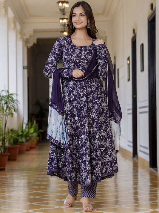Purple Floral Printed Empire Pure Cotton Anarkali Kurta with Pyjama & Dupatta