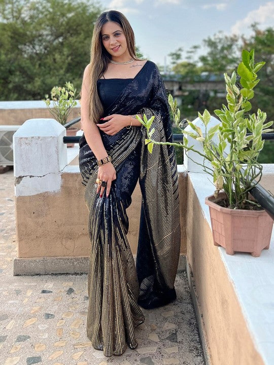 Black Embellished Sequinned Pure Georgette Saree