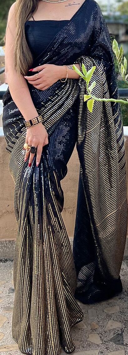 Black Embellished Sequinned Pure Georgette Saree
