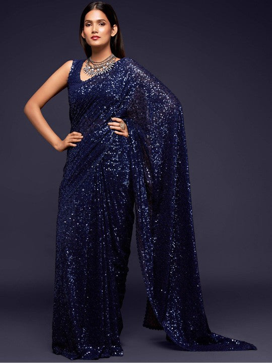 Blue Embellished Sequinned Pure Georgette Saree