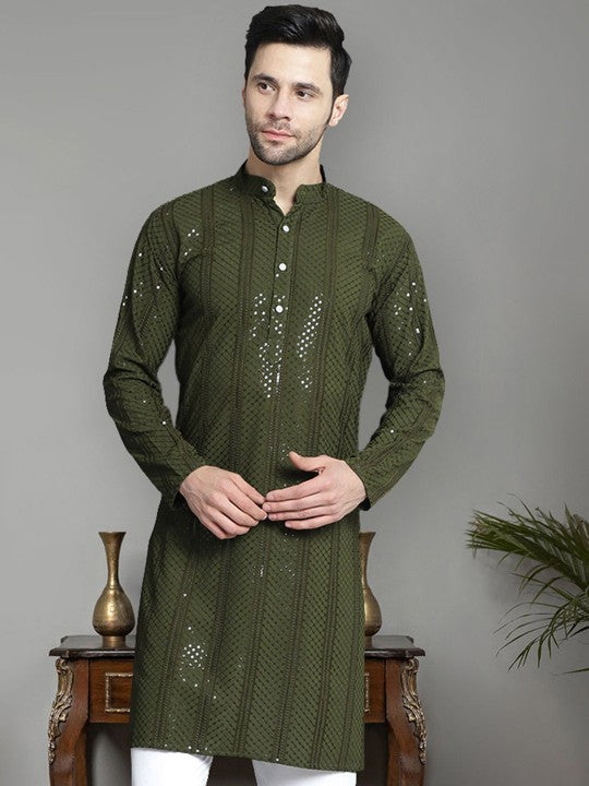 Men Embroidered Flared-Sleeves Thread-Work Kurta