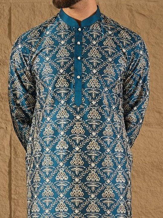 Floral Printed Mandarin Collar Silk Straight Kurta