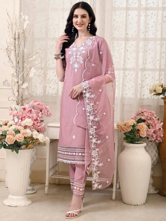 Floral Embroidered Thread Work Chanderi Cotton Kurta with Trousers & Dupatta