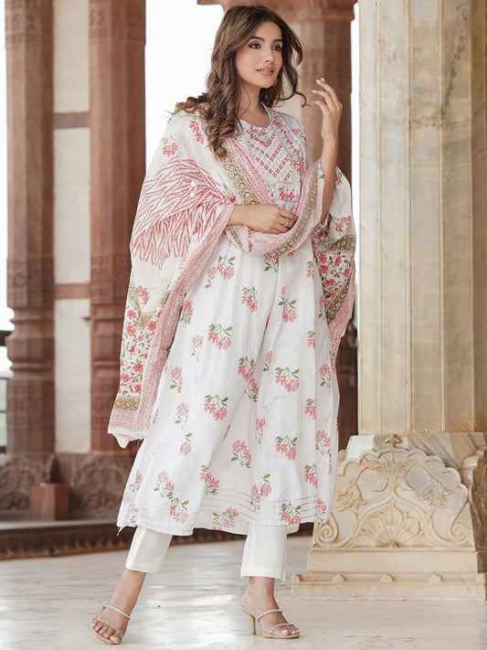 Ethnic Motifs Printed Empire Thread Work Pure Cotton Kurta with Trousers & Dupatta