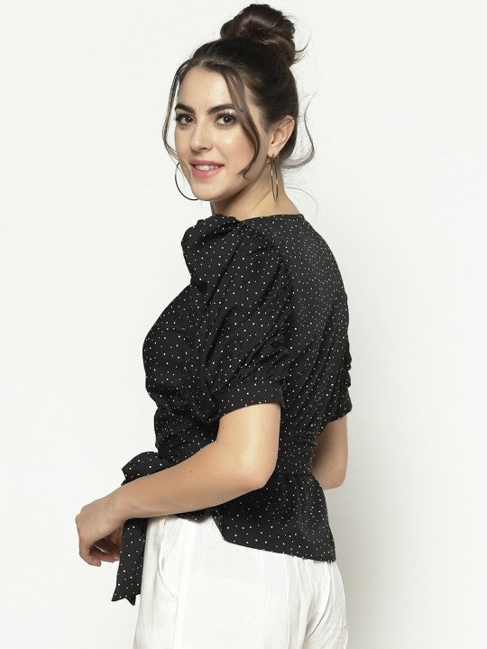 Sera Black & Off White Printed Puff Sleeves Crepe Wrap Top