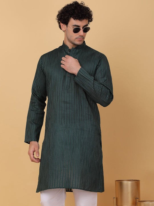 Striped Mandarin Collar Pure Cotton Straight Kurta