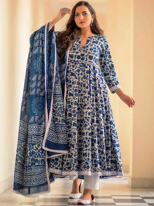 Floral Printed Anarkali Kurta & Trousers with Dupatta