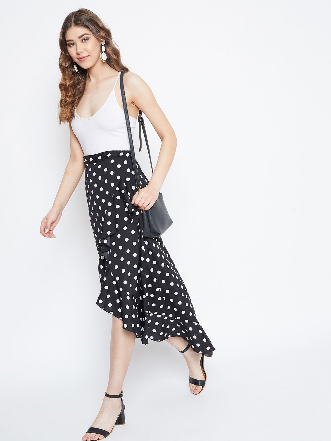 Black & White Polka Print Wrap Midi Skirt