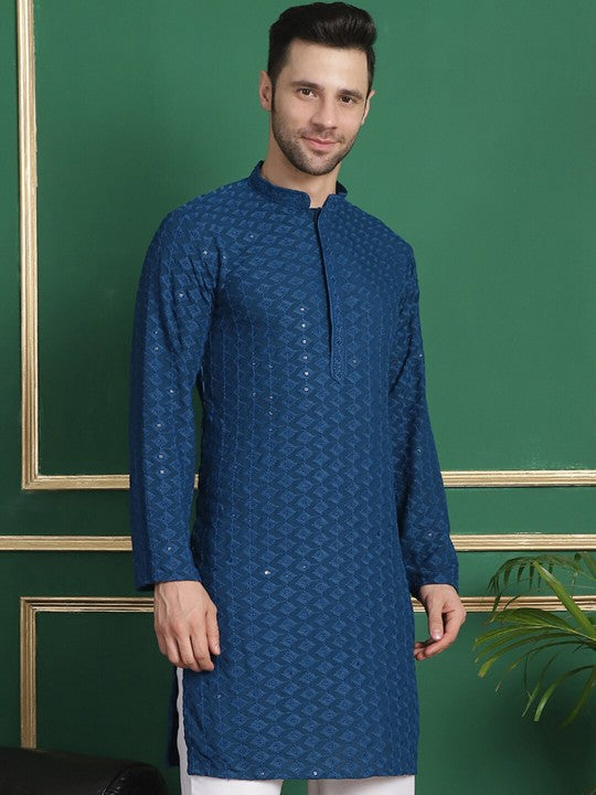 Checked Woven Design Mandarin Collar Long Sleeves Kurta