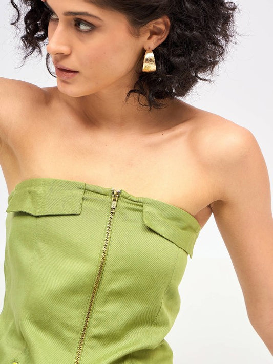 Off Shoulder Twill Front Zip Tube Top