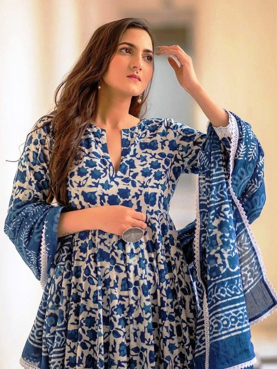 Floral Printed Anarkali Kurta & Trousers with Dupatta