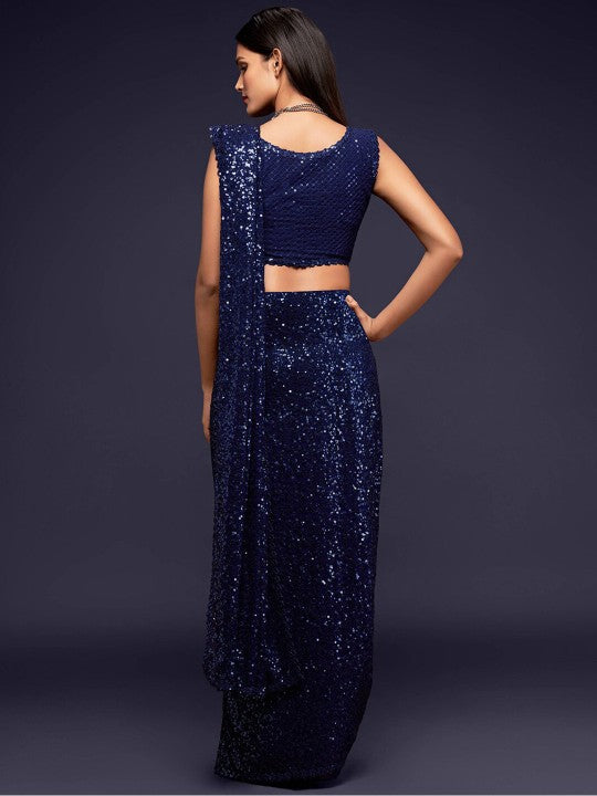 Blue Embellished Sequinned Pure Georgette Saree