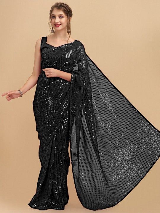 Black Embellished Sequinned Pure Georgette Saree