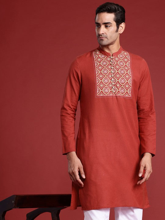 Men Yoke Design Cotton Linen Indie Prints Kurta