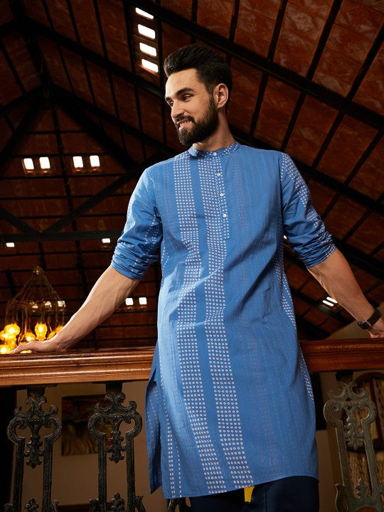 Men Blue Bandhani Printed Pure Cotton Kurta