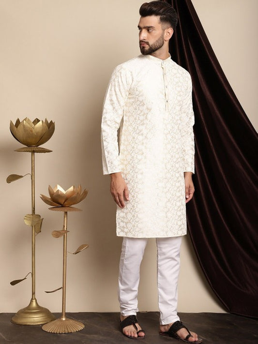 Floral Embroidered Band Collar Regular Kurta with Churidar