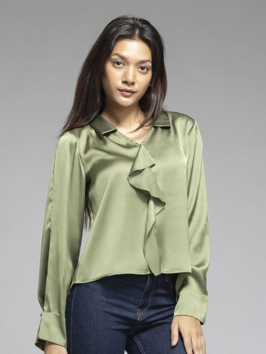 Women Spread Collar Satin Solid Long Sleeves Casual Top