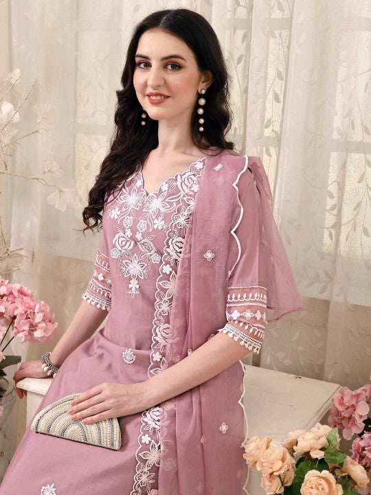 Floral Embroidered Thread Work Chanderi Cotton Kurta with Trousers & Dupatta