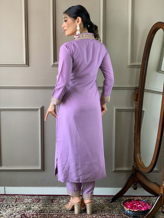 V-Neck Zari Mirror Work Kurta with Trousers & Dupatta