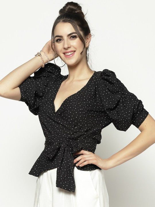 Sera Black & Off White Printed Puff Sleeves Crepe Wrap Top