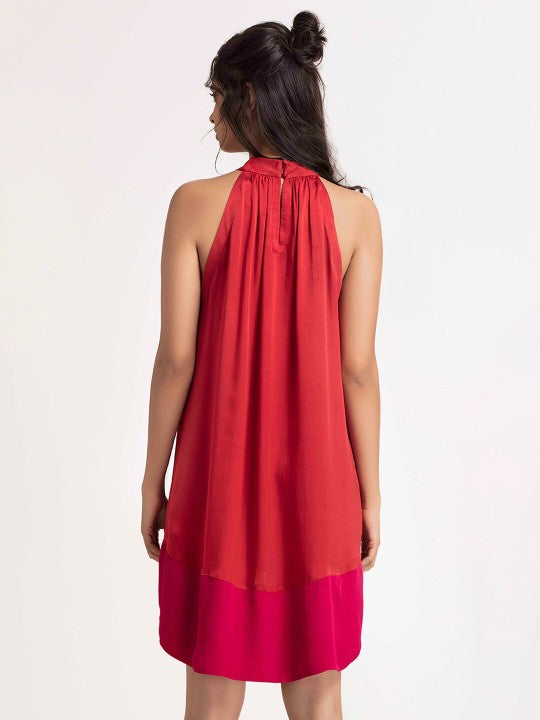 Halter Neck High-Low Hem Satin A-Line Dress