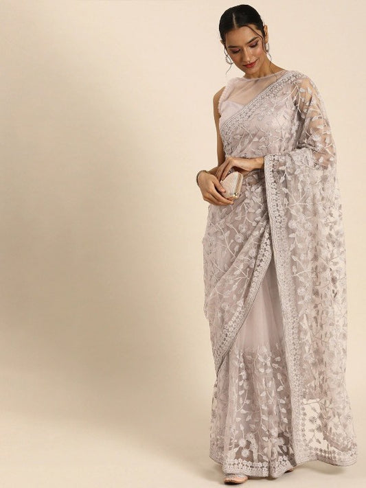 Floral Embroidered Beads and Stones Embellished Net Saree