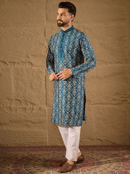 Floral Printed Mandarin Collar Silk Straight Kurta
