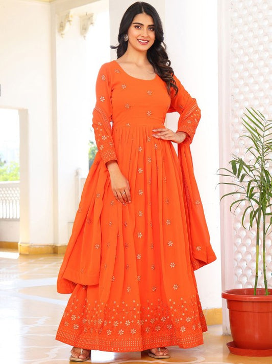 Embroidered Sequinned Round Neck Anarkali Kurta with Pyjamas & Dupatta
