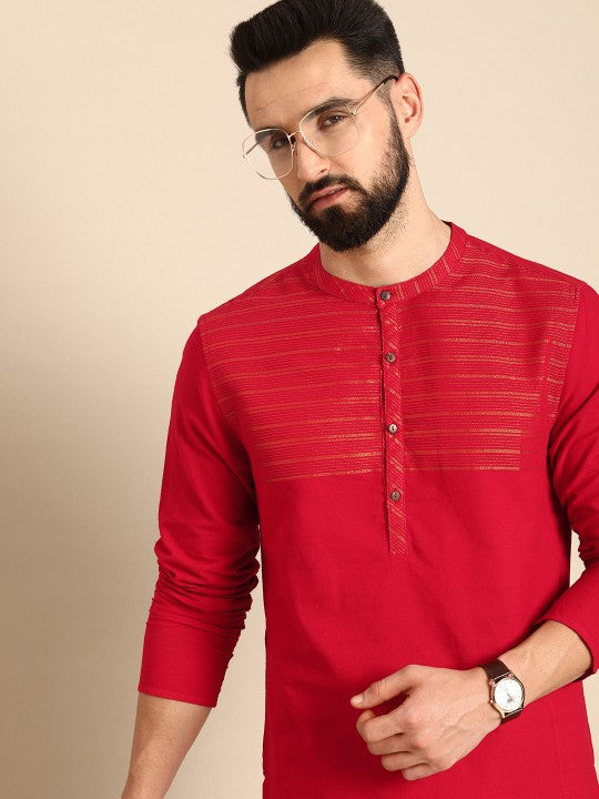 Men Red Striped Pure Cotton Kurta