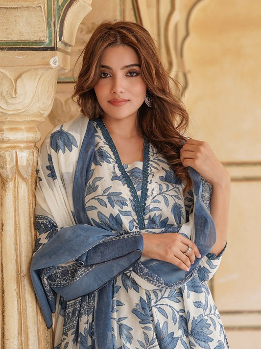 Floral Printed Anarkali Pure Cotton Kurta with Trousers & Dupatta