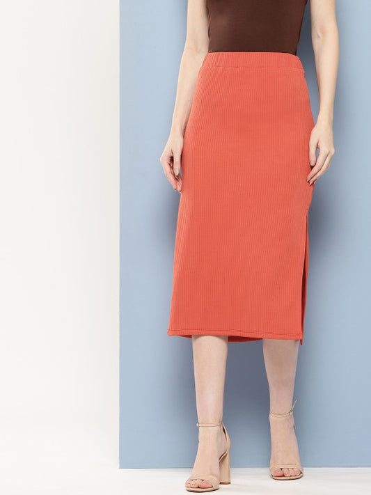 Ribbed Side Slit Straight Skirt