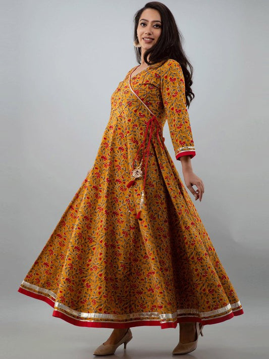 Women Mustard Yellow & Red Ethnic Motifs Printed Angrakha Anarkali Kurta