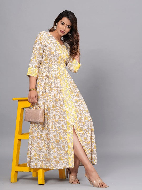 Floral Printed Three‑Quarter Sleeves Cotton Anarkali Kurta