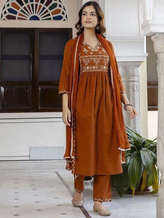 Women Ethnic Motifs Embroidered Aari Work Cotton Kurta with Trousers & Dupatta