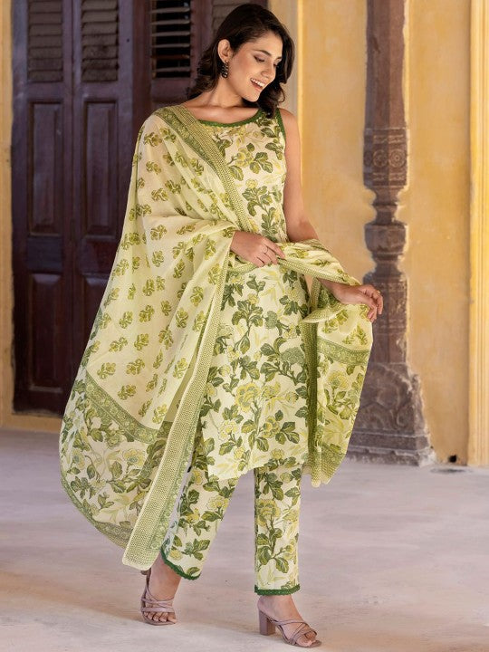 Floral Printed Straight Pure Cotton Kurta with Trousers & Dupatta
