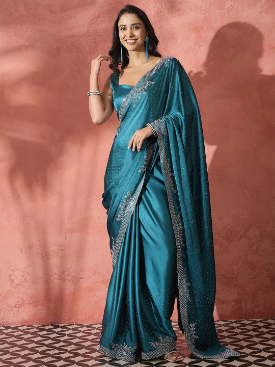 Embellished Satin Saree with Unstitched Blouse